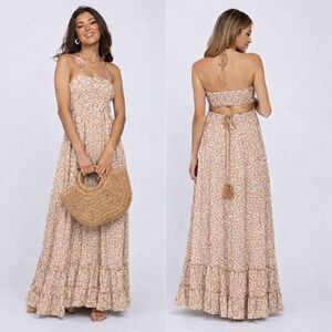 NEW! Sweet Lovely by Jen Backless Floral Halter Sundress Maxi Tan White S